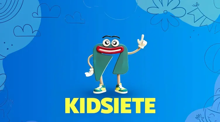 Personaje animado infantil combiando el logo de Azteca 7 con manos, pies y cara del canal KidSiete