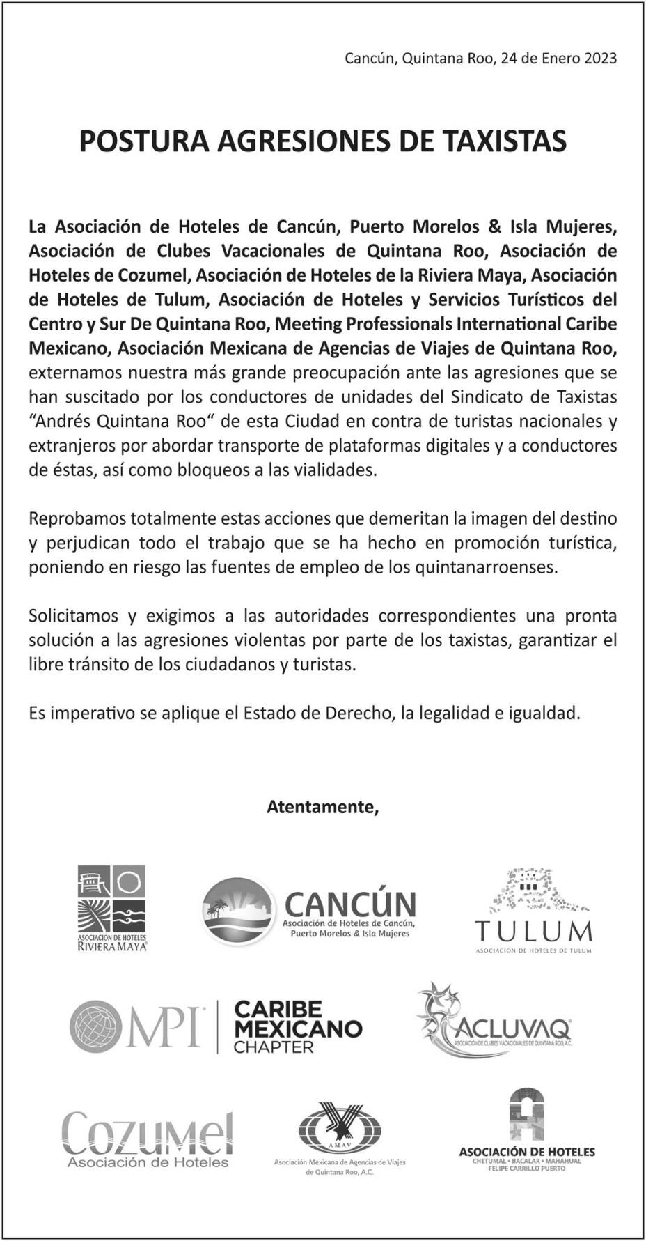 Hoteleros se pronuncia sobre agresiones de taxistas en Cancún