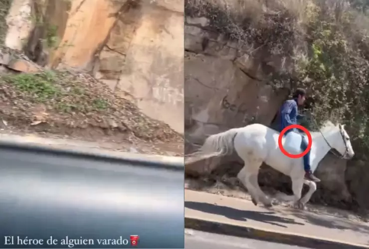 Hombre lleva gasolina en caballo