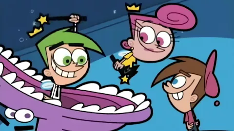 Dos hadas, una con el cabello rosa y otro con el cabello verde, levantando una varita mágica y un niño con dientes grandes y gorra rosa