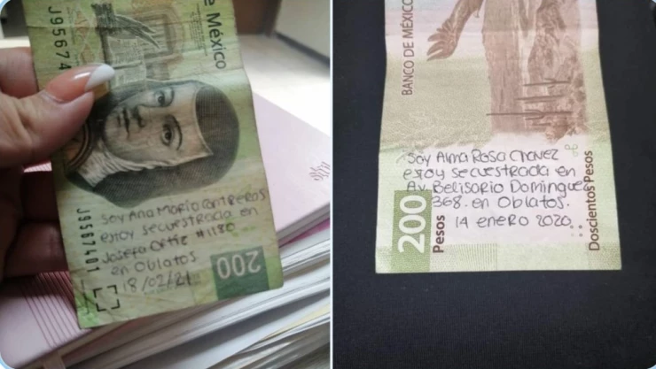 billetes de 200 pesos con mensajes de auxilio escritos por una supuesta víctima de secuestro en Jalisco