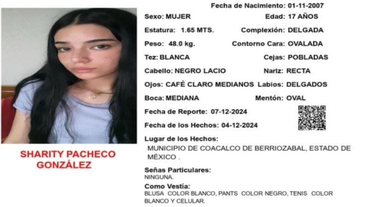 ALERTA AMBER: Sharity Pacheco González desapareció en el Estado de México