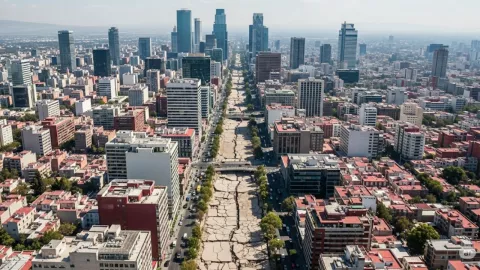 (Imagen generada con IA) Vista aérea de la CDMX que muestra el contraste de las construcciones en una zona de hundimiento.