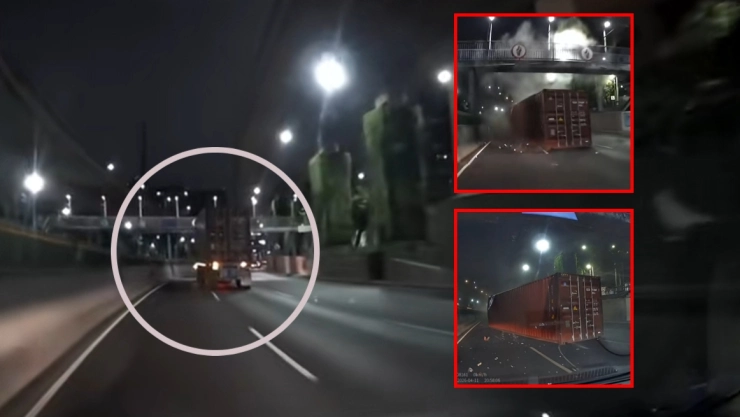 Tráiler choca contra puente y caja casi aplasta a pareja en su auto.