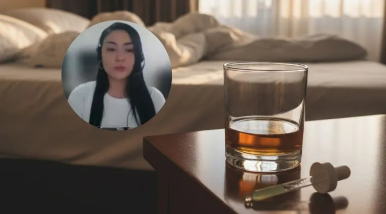 Foto de Melisa Porras y foto de vaso de whiskey con gotero al lado.