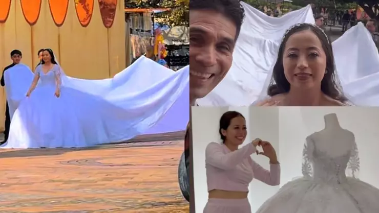 VIDEO Cola de vestido de novia más larga en boda en Querétaro