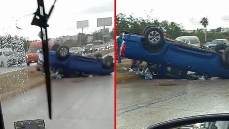 ¡OTRO MÁS! Brutal VOLCADURA se registra en el Blvd. Colosio en Cancún esta tarde: Esto se sabe sobre el fuerte accidente