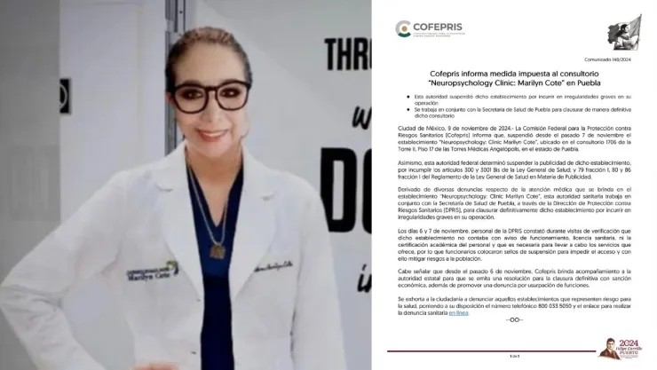 Cofepris SUSPENDE consultorito de la supuesta psiquiatra Marilyn Cote