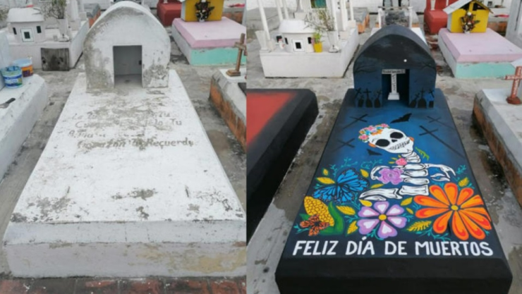 yucateco decora la tumba de su abuelita por día de muertos