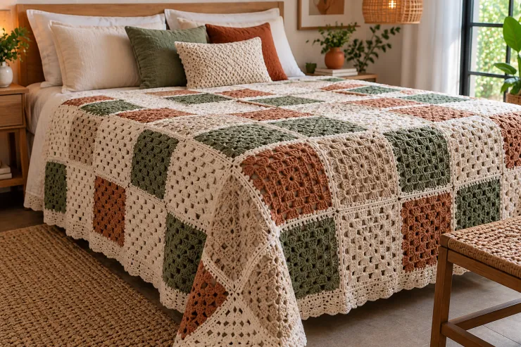 Cubresábanas de crochet con bloques de color