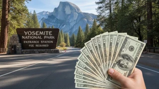 Imagen generada con Gemini AI que muestra la entrada al Parque Nacional Yosemite y una mano masculina con un manojo de dólares.