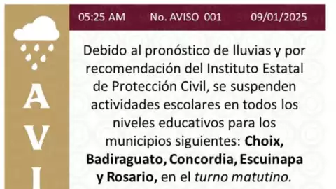 Suspenden clases en Sinaloa por lluvias