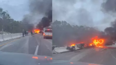 Vehículo se incendia en la autopista Mérida- Cancún genera tráfico vial este lunes.jpg