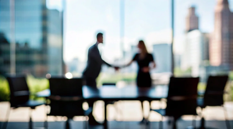 Jefa y empleado estrechan manos en oficina