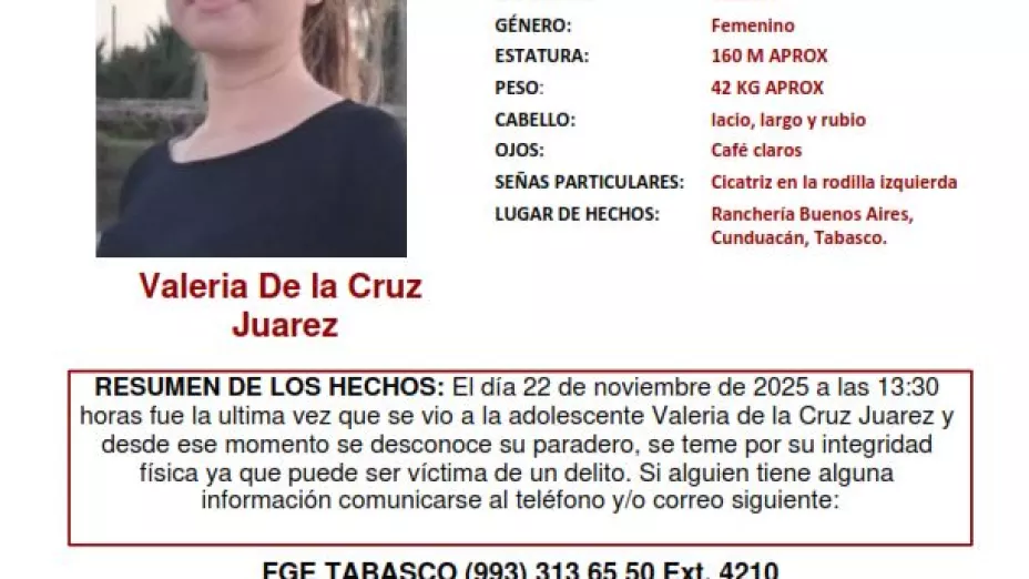 Alerta Amber Tabasco: Valeria de la Cruz Juárez desapareció en Cunduacán