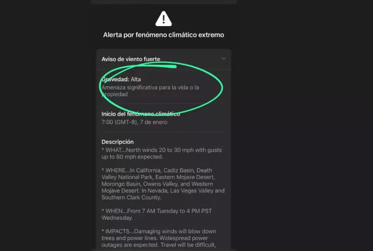 Mensaje de celular para tormenta en California
