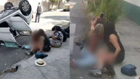 VIDEO_ Mujeres sufren VOLCADURA de auto y luego se toman una selfie.