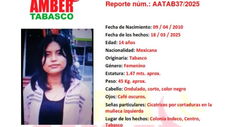 ALERTA AMBER TABASCO 2025: Estefany Díaz López desapareció en Centro
