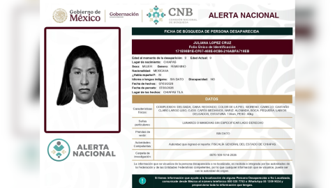Ficha de la Comisión Nacional de Búsqueda sobre Juliana López Cruz, desaparecida el 6 de marzo de 2026