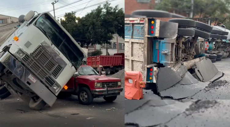 Se vuelca camión sobre camioneta por socavón en Colonia Obrera, CDMX