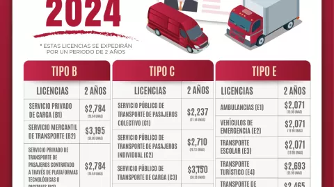 Costos para la licencia de conducir tipo B, C y E