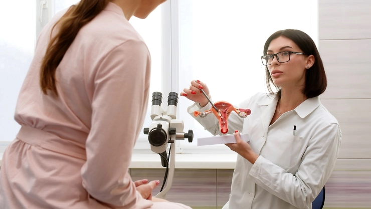 Una doctora señala una maqueta del aparato reproductor femenino a una paciente.