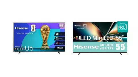 Imágenes ilustrativas de dos televisores 55 pulgadas de la marca Hisense.