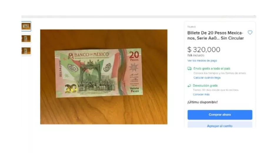 Billete de 20 pesos que cuesta 320 mil pesos