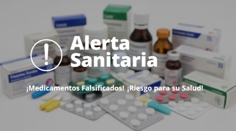 Banner de alerta sanitaria por medicamentos falsificados que ponen en riesgo la salud; de fondo hay plantillas de pastillas, frascos y cajas de medicinas