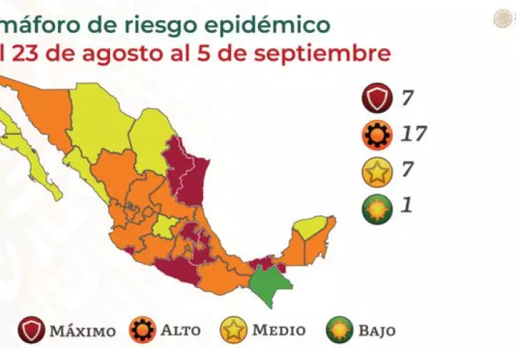 Semáforo COVID: 7 estados en rojo,17 en naranja y 7 en amarillo