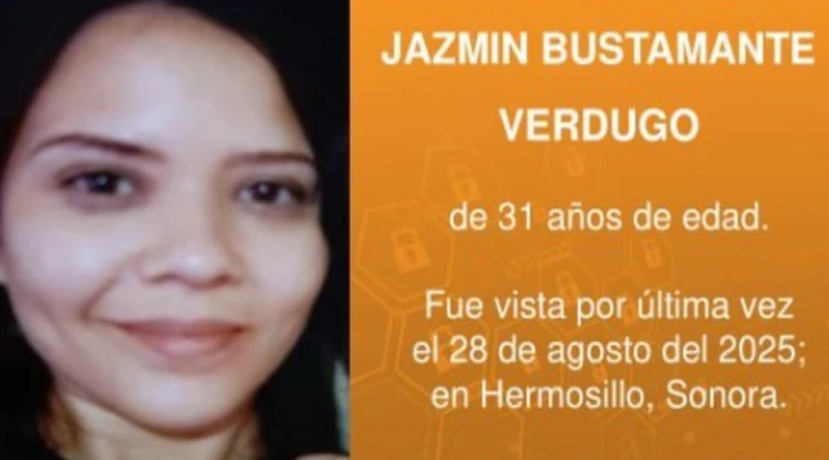 Activan ficha de búsqueda para encontrar a Jazmín Bustamante Verdugo, desaparecida en Hermosillo. En la imagen se ve la foto de la joven extraviada y su ficha de búsqueda urgente.