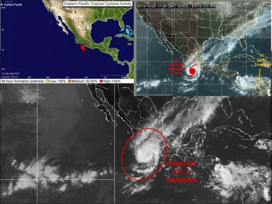 Raymond se desplaza hacia el sureste a seis kilómetros por hora, con vientos sostenidos de 150 kilómetros por hora y rachas de 180 kilómetros por hora