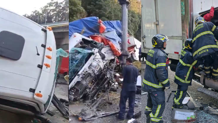 Camiones de carga destrozados tras fuerte choque en la México-Toluca mientras bomberos de la CDMX realizan labores de rescate en la zona