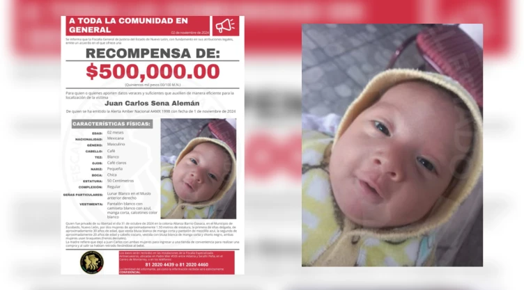 El bebé Juan Carlos Sena Alemán fue llevado por dos mujeres en Nuevo León.