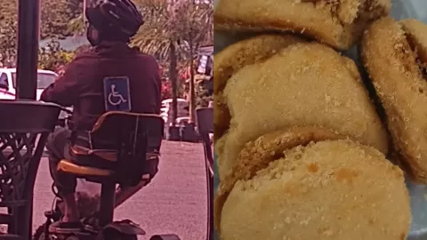 Hombre vende galletas en silla de ruedas eléctrica, en Los Mochis