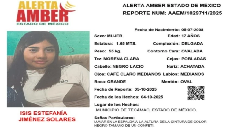 Activan Alerta Amber urgente y de última hora: Desaparecen dos menores en el Edomex. En la imagen se observa la ficha de búsqueda de Isis Jiménez Solares.