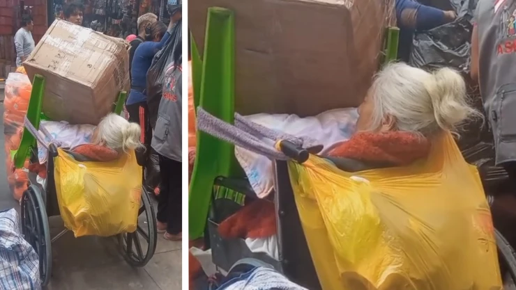 Familia usa silla de ruedas de la abuelita para cargar las compras