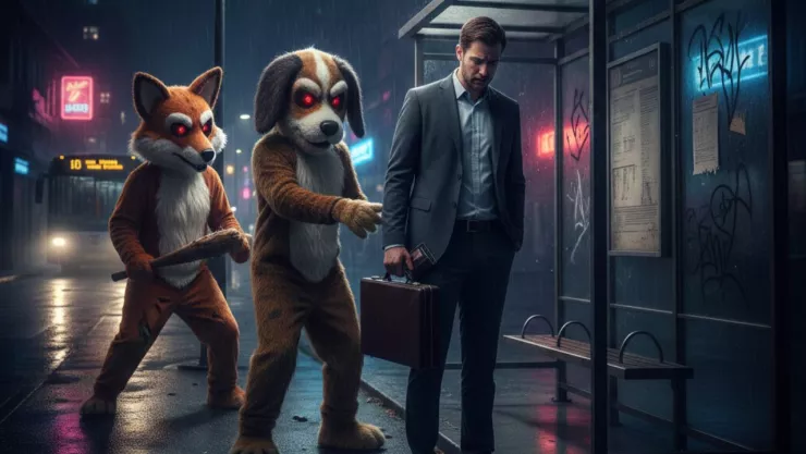 ¡Insólito! Con un arma blanca, sujetos vestidos de Therians realizan asalto a un hombre en una parada de camión