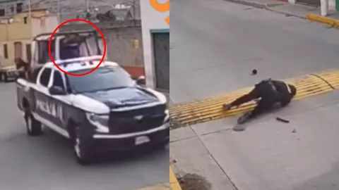 VIDEO | Captan accidente de patrulla policiaca: Agente sale volando tras pasar un tope a alta velocidad