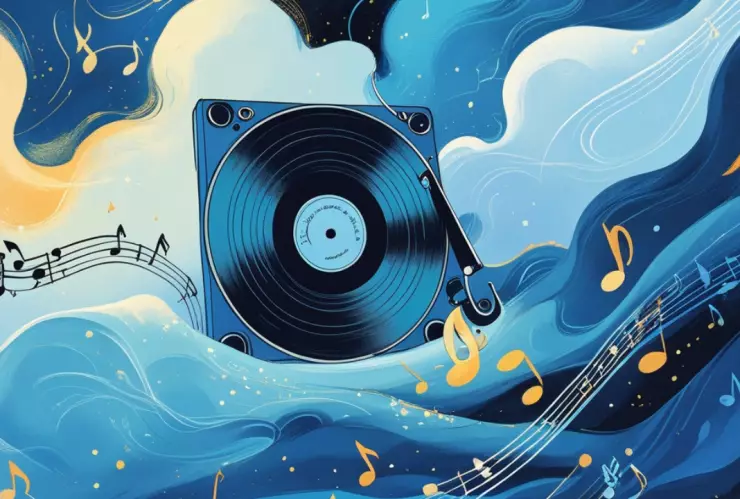 Notas musicales en tonos amarillos, un tocadiscos color negro