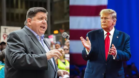 El gobernador de Illinois, JB Pritzker (izda), y el presidente electo Donald Trump (dcha).