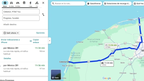 Mapa de Progreso a Celestún en Yucatán