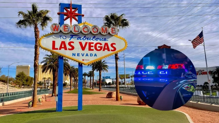 Fotos de letrero de Las Vegas y de patrulla de policía.