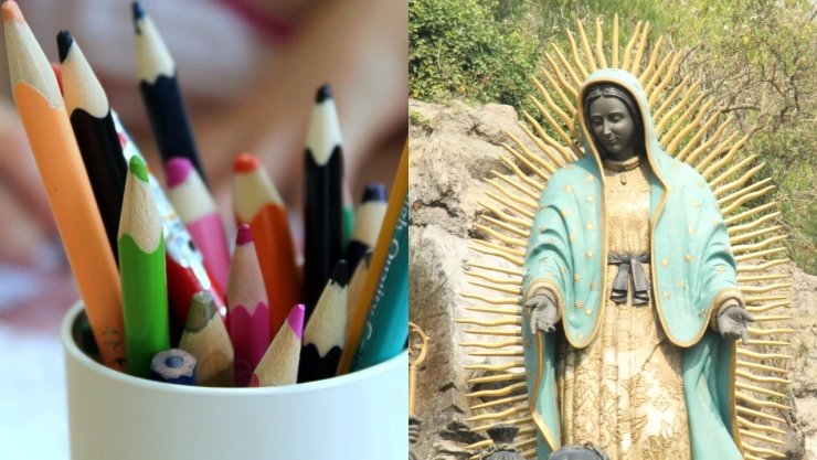 Lápices de colores y Virgen de Guadalupe.