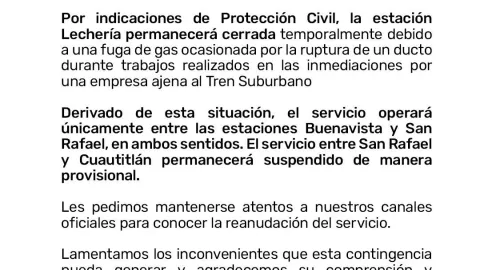 Comunicado oficial de la suspensión temporal del Tren Suburbano debido a una fuga de gas