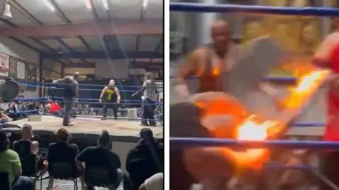 ¡Se volvió loco! Luchador prende fuego a su rival en pleno ring; video.jpg