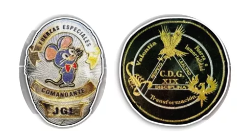 Los emblemas de Fuerzas Especiales El Ratón, del Cártel de Sinaloa; y el de La Kena 19, del Cártel del Golfo