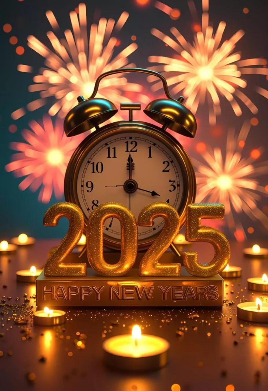 Imagen de reloj despertados con fuegos artificiales de fondo, números del 2025 y mensaje de Feliz Año Nuevo.