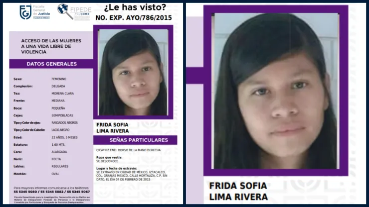 Ficha de búsqueda de Frida Sofia Lima Rivera.