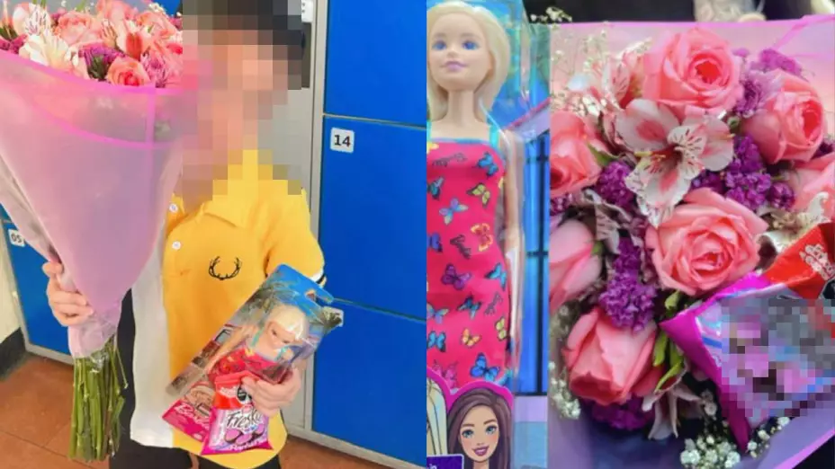 Niño invitó a su amiga a ver Barbie; le dio flores y una muñeca